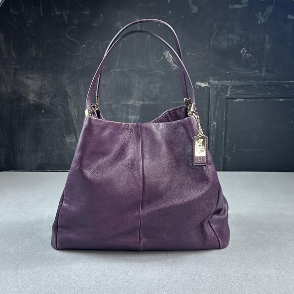 Coach Madison Phoebe Shoulder Bag Plum Pebbled Leather Gold Tone Zip Tote 24621 - Picture 1 of 16